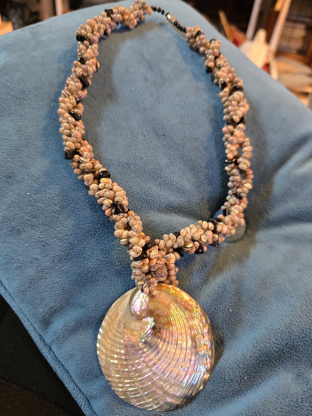 Handmade Iridescent Abalone Shell Pendant on Popcorn Shell Necklace